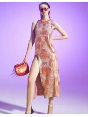 Custo Barcelona Therine Foil Red Dress Orange Patterned Midi, High Side Slit